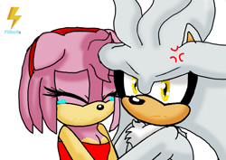 Size: 3508x2480 | Tagged: safe, artist:filibolt, artist:paige-the-unicorn, amy rose, silver the hedgehog, 2018, angry, base used, cleavage, cross popping vein, crying, duo, floppy ears, frown, protecting, sad, shipping, silvamy, simple background, straight, tears, tears of sadness, white background