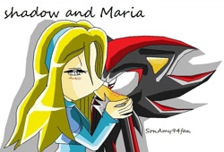 Size: 1031x702 | Tagged: safe, artist:sonamy94fan, maria robotnik, shadow the hedgehog, human, 2009, age difference, blushing, duo, eye clipping through hair, eyes closed, holding them, kiss, looking at them, maria x shadow, shadow (lighting), shipping, simple background, standing, straight, white background