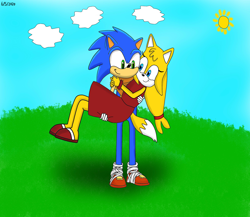 Size: 2592x2248 | Tagged: safe, artist:sonic545478, sonic the hedgehog, zooey the fox, fox, hedgehog, 2020, age difference, carrying them, clouds, daytime, duo, grass, holding each other, looking at each other, outdoors, shipping, simplistic background, smile, sonic boom (tv), sonic x zooey, standing, straight, sun