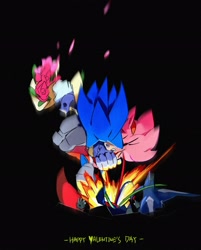 Size: 1643x2048 | Tagged: safe, artist:afajiao, amy rose, metal sonic, neo metal sonic, sonic the hedgehog, 2026, amy x sonic, black background, bouquet, carrying them, english text, flower, holding something, robot, shipping, simple background, straight, trio, valentine's day, wire