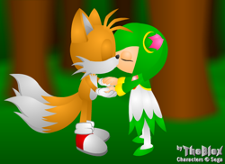 Size: 550x400 | Tagged: safe, artist:theblox, cosmo the seedrian, miles "tails" prower, fox, fanfic:taismo reunite, 2007, duo, eyes closed, fanfiction art, forest, kiss, lineless, nighttime, outdoors, shipping, standing, straight, tailsmo, tree