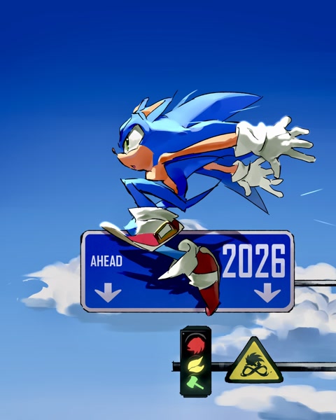 Size: 1638x2048 | Tagged: safe, artist:afajiao, knuckles the echidna, sonic the hedgehog, 2025, clouds, daytime, featured image, looking ahead, looking offscreen, outdoors, piko piko hammer, road sign, sign, solo, traffic light