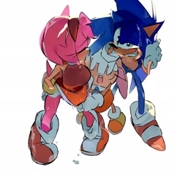 Size: 2048x2048 | Tagged: safe, artist:afajiao, amy rose, cream the rabbit, sonic the hedgehog, 2026, amy x sonic, eyes closed, grin, hand on another's face, hand on own head, looking at them, shipping, simple background, smile, standing, straight, trio, water, wet, white background