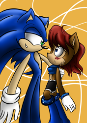 Size: 2480x3507 | Tagged: safe, artist:xliquidsilverx, sally acorn, sonic the hedgehog, chipmunk, hedgehog, 2013, blushing, duo, female, looking at each other, male, sally x sonic, sally's ringblader outfit, shipping, straight
