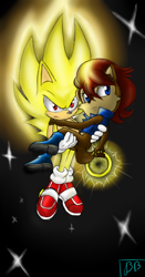 Size: 400x761 | Tagged: safe, artist:tazi-san, artist:xliquidsilverx, sally acorn, sonic the hedgehog, super sonic, chipmunk, hedgehog, 2013, carrying them, duo, female, floating, holding something, male, ring, sally x sonic, sally's vest and boots, shipping, sparkles, straight, super form