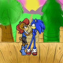 Size: 637x640 | Tagged: safe, artist:xliquidsilverx, sally acorn, sonic the hedgehog, chipmunk, hedgehog, 2012, duo, female, knothole, looking at each other, male, sally x sonic, sally's ringblader outfit, shipping, straight, sun, sunset, traditional media, tree