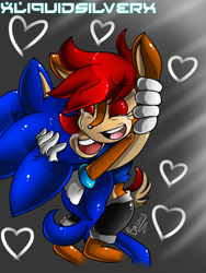 Size: 768x1024 | Tagged: safe, artist:sonamyshad637898, artist:xliquidsilverx, sally acorn, sonic the hedgehog, chipmunk, hedgehog, 2014, duo, female, heart, hugging, male, sally x sonic, sally's ringblader outfit, shipping, straight, tears, tears of happiness