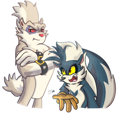 Size: 1024x1024 | Tagged: safe, artist:blackstar5078, rough the skunk, tumble the skunk, skunk, 2021, arms folded, duo, looking at them, looking at viewer, mouth open, one fang, red sclera, signature, simple background, standing, transparent background, yellow sclera