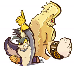 Size: 1600x1482 | Tagged: safe, artist:francoisl-artblog, rough the skunk, tumble the skunk, skunk, 2020, back to back, clenched fist, duo, knittober, looking at viewer, looking back, looking back at viewer, pointing, signature, simple background, smile, standing, white background