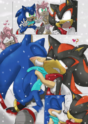 Size: 1566x2194 | Tagged: safe, artist:credens-vita, amy rose, shadow the hedgehog, sonic the hedgehog, 2015, duo focus, gay, heart, hugging, one fang, question mark, scarf, shadow x sonic, shipping, snow, snowing, standing, third wheel, trio, tsundere, winter, winter outfit