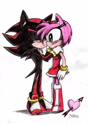 Size: 2441x3414 | Tagged: safe, artist:rachlovedraw, amy rose, shadow the hedgehog, 2008, age difference, amy x shadow, arrow (weapon), arrow through heart, blushing, duo, heart, hugging, lidded eyes, shipping, standing, straight, traditional media