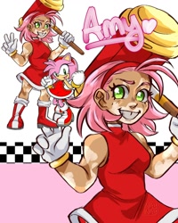 Size: 1080x1350 | Tagged: safe, artist:naylissah, amy rose, human, 2023, character name, eyelashes, heart, holding something, human male, looking at viewer, piko piko hammer, reference inset, smile, solo, species swap, text, v sign, vitiligo