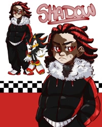 Size: 1080x1350 | Tagged: safe, artist:naylissah, shadow the hedgehog, human, 2023, character name, coat, dark skin, eyelashes, frown, hands in pocket, humanized, looking at viewer, reference inset, solo, species swap, standing, sweatdrop, text, vitiligo