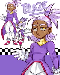 Size: 1080x1350 | Tagged: safe, artist:naylissah, blaze the cat, human, 2023, character name, eyelashes, frown, humanized, looking offscreen, reference inset, solo, species swap, standing, tan skin, text