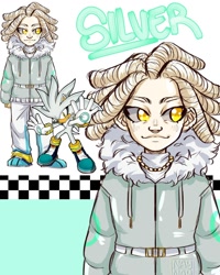 Size: 1080x1350 | Tagged: safe, artist:naylissah, silver the hedgehog, human, 2023, albino, character name, coat, eyelashes, humanized, looking offscreen, necklace, reference inset, smile, solo, species swap, standing, text