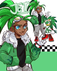 Size: 1080x1350 | Tagged: safe, artist:naylissah, jet the hawk, human, 2023, character name, coat, dark skin, eyelashes, goggles, hand in pocket, humanized, looking at viewer, pants, reference inset, shirt, smile, solo, standing, text, tongue out