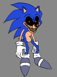 Size: 510x690 | Tagged: safe, artist:kosuke18, sonic the hedgehog, oc, oc:2011x, oc:sonic.exe, 2025, black sclera, bleeding, bleeding from eyes, blood, flat colors, grey background, grey shoes, looking at viewer, nightmare fuel, sharp teeth, simple background, smile, smiling at viewer, solo, standing