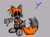Size: 1908x1395 | Tagged: safe, artist:equidnadesorbo, miles "tails" prower, oc, oc:2012y, oc:tails.exe, 2026, black sclera, black shoes, bleeding, blood, blue blood, grey background, looking at viewer, nightmare fuel, pointing, sharp teeth, simple background, smile, smiling at viewer, solo, thumbs down