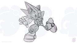 Size: 1920x1080 | Tagged: safe, artist:twincubcakes, shard the metal, 2026, fight, greyscale, male, robot, simple background, solo, watermark, white background