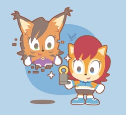 Size: 1050x956 | Tagged: safe, artist:angiethecat, nicole the handheld, nicole the hololynx, sally acorn, chipmunk, lynx, 2026, duo, female, holding something, hololynx, simple background