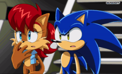 Size: 800x488 | Tagged: safe, artist:risziarts, sally acorn, sonic the hedgehog, chipmunk, hedgehog, sonic x, 2023, animated, duo, female, gif, looking at something, male, sally's vest and boots, talking