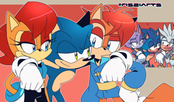 Size: 1666x977 | Tagged: safe, artist:risziarts, elias acorn, sally acorn, sonic the hedgehog, chipmunk, hedgehog, 2025, female, looking at each other, male, redraw, sally's ringblader outfit, smile, sonic the hedgehog (idw), trio