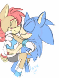 Size: 768x1024 | Tagged: safe, artist:electricloba, sally acorn, sonic the hedgehog, chipmunk, hedgehog, 2014, blushing, carrying them, duo, eyes closed, female, male, sally x sonic, sally's ringblader outfit, shipping, simple background, sketch, smile, straight, white background