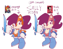Size: 620x487 | Tagged: safe, artist:skittipup, sally acorn, chipmunk, 2026, concept art, english text, female, outcome memories (sonic roblox games), pose, ringblader, sally's vest and boots, simple background, solo, white background
