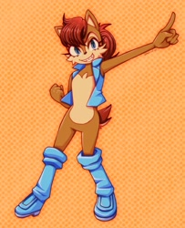 Size: 2291x2821 | Tagged: safe, artist:shayb_but_arts, sally acorn, chipmunk, 2026, abstract background, female, looking at viewer, pose, sally's vest and boots, solo, v sign