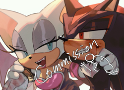 Size: 645x468 | Tagged: safe, artist:cham__623, rouge the bat, shadow the hedgehog, 2024, blood, blood on face, clenched teeth, commission, duo, hand on another's shoulder, lidded eyes, looking at them, mouth open, simple background, smile, white background