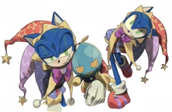 Size: 2000x1300 | Tagged: safe, artist:cham__623, omochao, sonic the hedgehog, 2023, alternate outfit, duo, grin, hat, jester outfit, jester sonic, lidded eyes, looking at viewer, robot, simple background, smile, white background