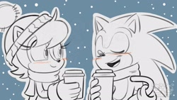 Size: 1920x1080 | Tagged: safe, artist:twincubcakes, sally acorn, sonic the hedgehog, chipmunk, hedgehog, 2026, alternate outfit, blushing, drink, duo, female, greyscale, holding something, hot drink, male, sally x sonic, scarf, shipping, snow, straight, talking, watermark, winter outfit