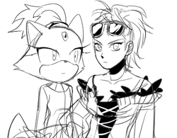 Size: 449x351 | Tagged: safe, artist:cham__623, blaze the cat, human, 2023, character request, crossover, duo, greyscale, looking at viewer, monochrome, simple background, sketch, white background