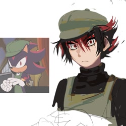 Size: 1035x1035 | Tagged: safe, artist:cham__623, shadow the hedgehog, human, the murder of sonic the hedgehog, 2023, apron, hat, humanized, looking at viewer, reference inset, simple background, sketch, solo, white background