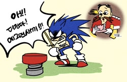 Size: 1200x773 | Tagged: safe, artist:cham__623, robotnik, sonic the hedgehog, human, comic:i gave frontiers as a gift to an acquaintance, sonic frontiers, 2022, angry, comic, cup, duo, fishing pole, holding something, korean text, simple background, speech bubble, spring, standing