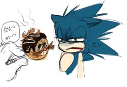 Size: 801x547 | Tagged: safe, artist:cham__623, robotnik, sonic the hedgehog, 2022, disgust, duo, food, holding something, korean text, lidded eyes, simple background, sketch, solo focus, speech bubble, takoyaki, white background
