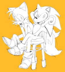 Size: 1571x1738 | Tagged: safe, artist:cham__623, miles "tails" prower, sonic the hedgehog, 2022, duo, hands behind head, looking at viewer, monochrome, mouth open, orange background, simple background, sitting, sketch, smile