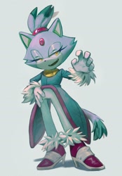 Size: 1600x2300 | Tagged: safe, artist:cham__623, blaze the cat, 2022, grey background, hand on hip, lidded eyes, mouth open, shadow (lighting), simple background, smile, solo, standing