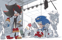 Size: 1596x1022 | Tagged: safe, artist:bb_meronpan, miles "tails" prower, robotnik, shadow the hedgehog, sonic the hedgehog, human, sonic adventure 2, 2025, camera, group, holding something, lidded eyes, looking at them, mouth open, sitting, soap shoes, standing