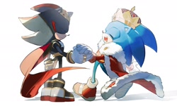 Size: 2464x1484 | Tagged: safe, artist:bb_meronpan, shadow the hedgehog, sonic the hedgehog, 2025, cape, crown, duo, eyes closed, gay, holding hands, mouth open, shadow x sonic, shipping, simple background, smile, standing, white background