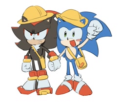 Size: 1326x1140 | Tagged: safe, artist:bb_meronpan, shadow the hedgehog, sonic the hedgehog, 2025, arm up, bag, blushing, clenched fist, cute, duo, frown, hat, kindergarten uniform, mouth open, simple background, smile, standing, white background