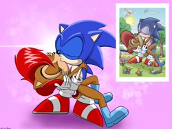 Size: 1739x1304 | Tagged: safe, artist:doc_animator_n, sally acorn, sonic the hedgehog, chipmunk, hedgehog, 2026, duo, female, holding them, kiss, male, redraw, sally x sonic, shipping, straight