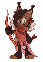 Size: 1423x2048 | Tagged: safe, artist:jadepesky, nicole the hololynx, lynx, 2026, alternate outfit, arrow, bow, clothes, female, holding something, simple background, smile, solo, valentine's day, weapon, white background