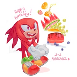 Size: 1553x1554 | Tagged: safe, artist:threedots000, knuckles the echidna, echidna, 2026, anniversary, cake, english text, food, fruit, male, simple background, solo, white background
