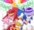 Size: 947x844 | Tagged: safe, artist:crystaldiamondc, amy rose, knuckles the echidna, miles "tails" prower, sonic the hedgehog, echidna, fox, hedgehog, 2026, anniversary, balloon, birthday hat, cake, english text, female, food, happy, holding something, hugging, male, quartet, smile