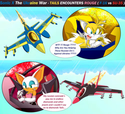 Size: 5000x4540 | Tagged: safe, artist:jmantime-is-here, miles "tails" prower, rouge the bat, bat, fox, 2025, aircraft, comic, daytime, dialogue, duo, english text, f-16 fighting falcon, fighter aircraft, politics, speech bubble, su-35 flanker, vehicle