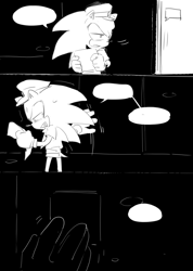 Size: 1032x1452 | Tagged: safe, artist:bb_meronpan, sonic the hedgehog, 2025, blank speech bubble, clenched teeth, comic, greyscale, hat, holding something, lidded eyes, monochrome, sketch, solo, speech bubble, standing