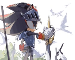 Size: 908x728 | Tagged: safe, artist:bb_meronpan, shadow the hedgehog, bird, sonic and the black knight, 2025, armor, helmet, holding something, literal animal, simple background, sir lancelot, solo, standing, sword, white background