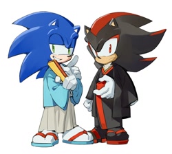 Size: 1466x1312 | Tagged: safe, artist:bb_meronpan, shadow the hedgehog, sonic the hedgehog, 2025, alternate outfit, alternate shoes, duo, fan, frown, grin, hand fan, holding something, japanese clothes, kimono, lidded eyes, looking at viewer, sandals, simple background, smile, standing, white background