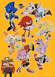 Size: 1230x1732 | Tagged: safe, artist:bb_meronpan, amy rose, blaze the cat, cheese (chao), cream the rabbit, knuckles the echidna, metal sonic, miles "tails" prower, robotnik, rouge the bat, shadow the hedgehog, chao, human, 2025, flying, group, gun, holding something, mouth open, neutral chao, orange background, piko piko hammer, robot, sega cooro, simple background, smile, standing, wink